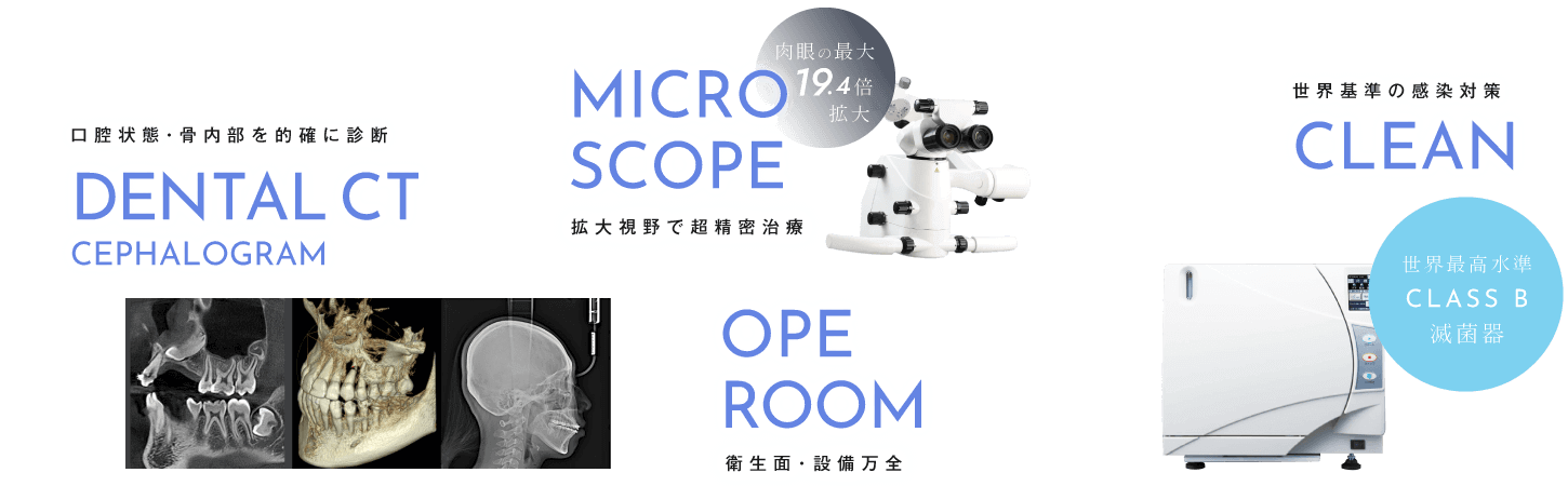 口腔状態・骨内部を的確に診断「歯科用CT」、拡大視野で超精密治療「マイクロスコープ」、衛生面・設備万全「オペルーム」、世界基準の感染対策「世界最高水準CLASS B滅菌器」