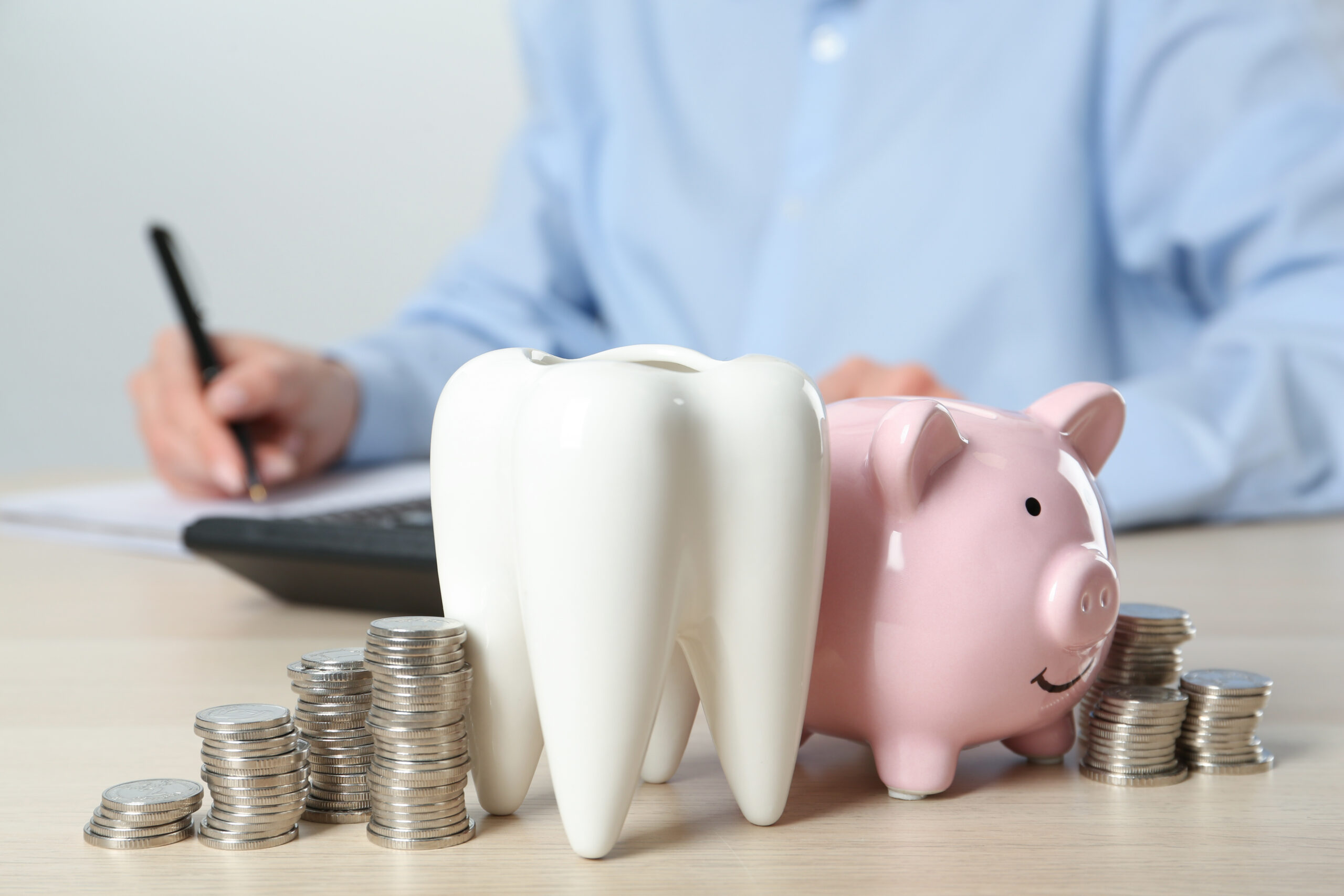 歯の模型とコインと豚の貯金箱