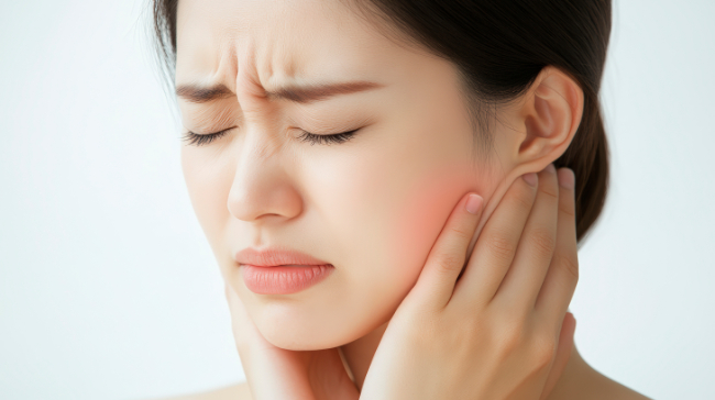 親知らず周辺の歯茎に痛みを感じる女性