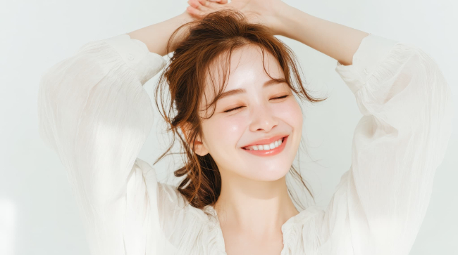 頭の上で手を組み伸びをする女性