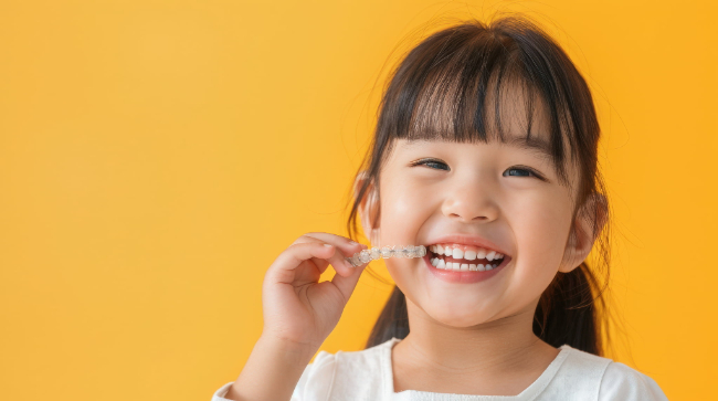 インビザライン・ファーストのマウスピースを手に持ち笑っている子ども