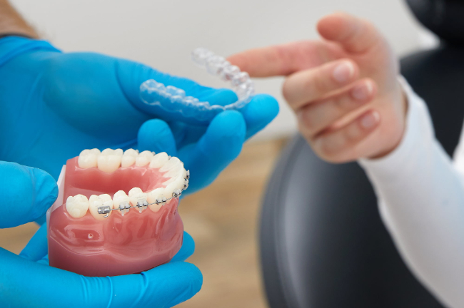 2期治療で使用するワイヤー矯正とマウスピース矯正について歯科医から説明を受ける患者