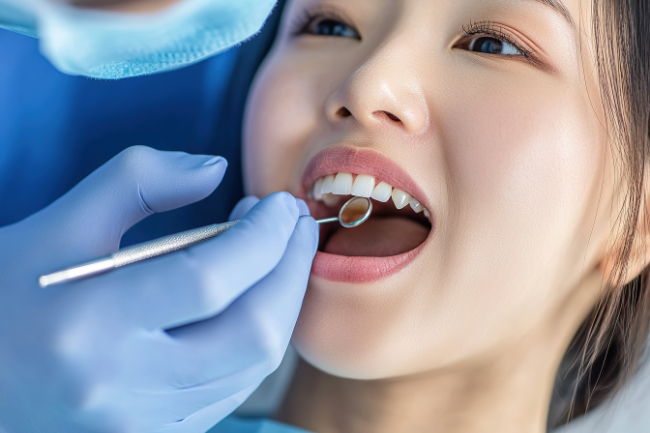 口腔内のチェックを受ける女性
