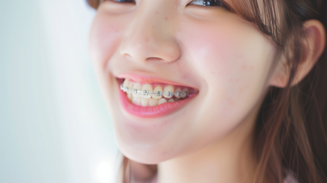 ワイヤー矯正をしている笑顔の女性