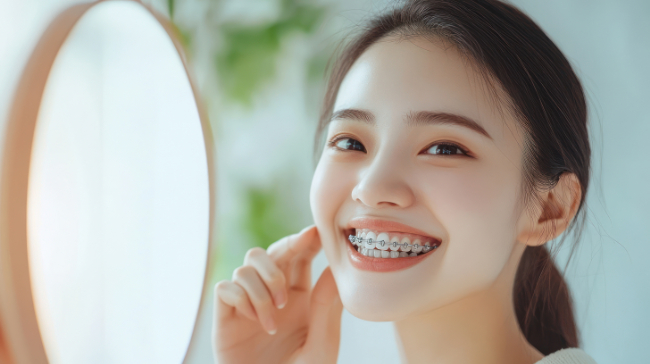 出っ歯の矯正をしている女性