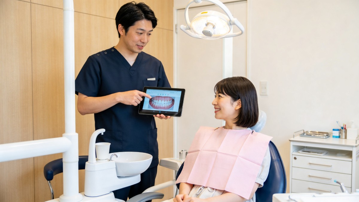 斜めに傾いて生えた親知らずの抜歯の流れを説明する歯科医師